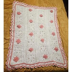 Handmade Crochet 3D Rose Baby Blanket Afghan White Pink Ruffle Granny 32x40